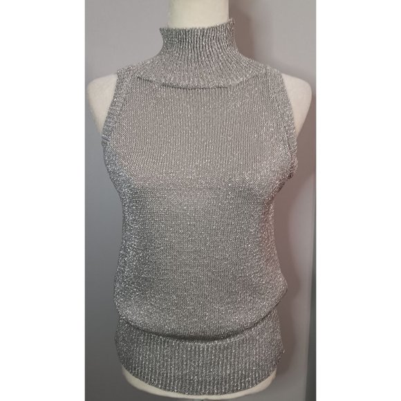 Carolyn Eve Large Silver Metallic Knit Vintage Italy Mock Business Classic Top - Picture 1 of 5